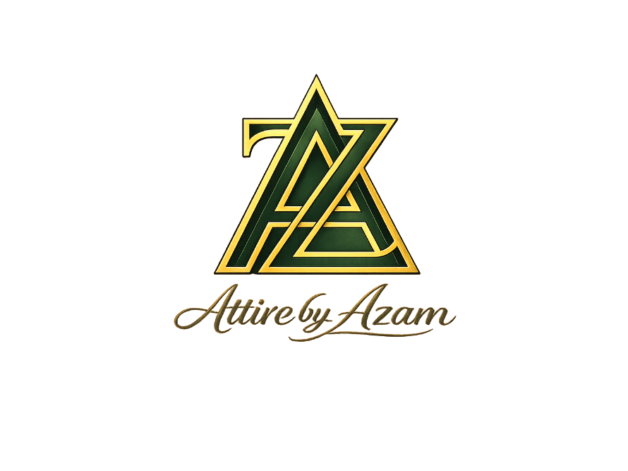 Attire by Azam official luxury brand logo in premium gold and deep forest green metallic finish, representing high-end customized mens and girls designer suits.