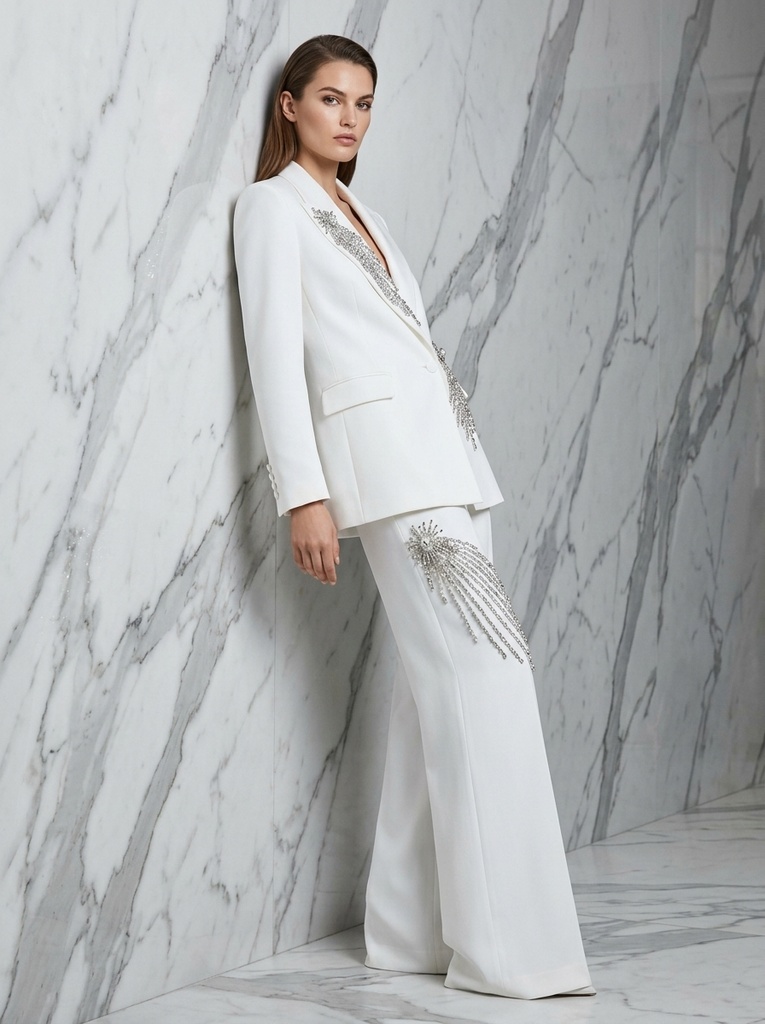 [o19] Crystal Burst White Pantsuit