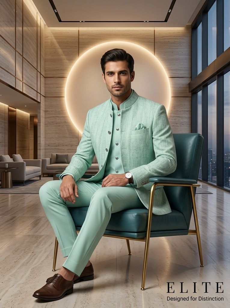 [jodhpuri17] Mint Green Textured Bandhgala Suit