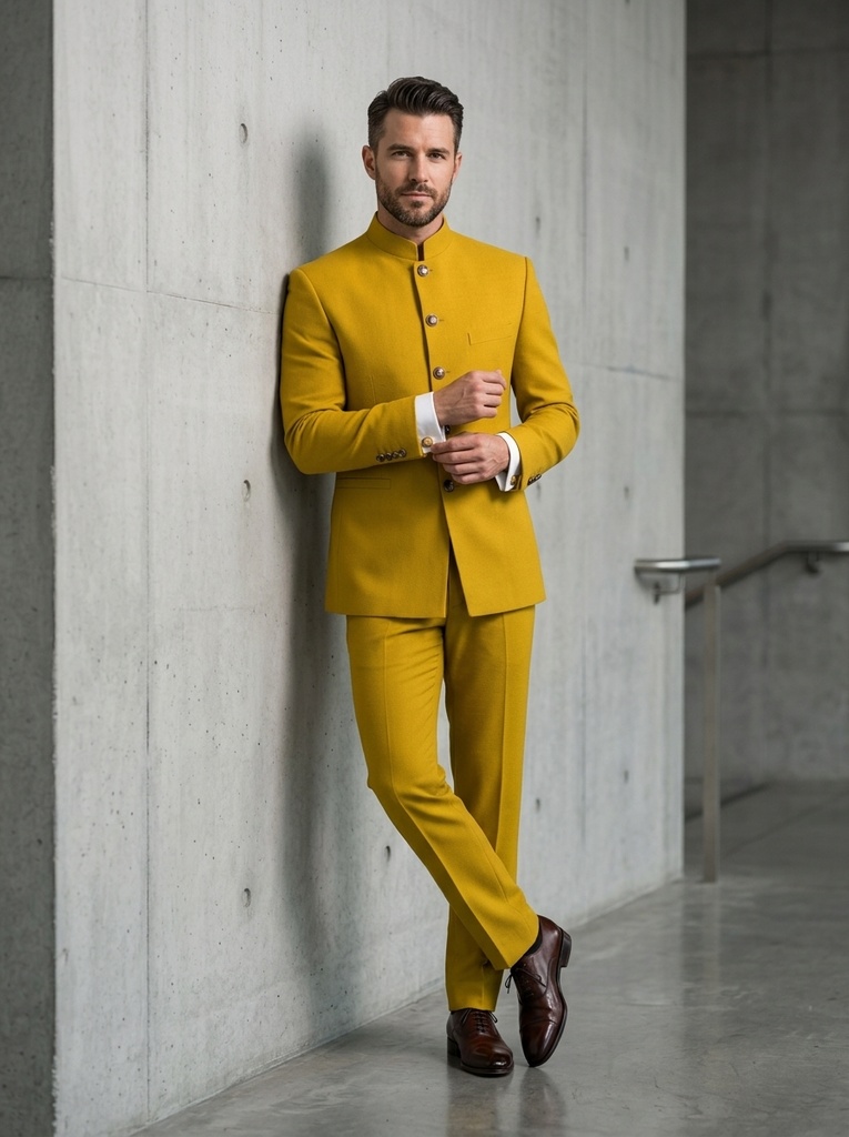 Classic Ochre Yellow Bandhgala Suit